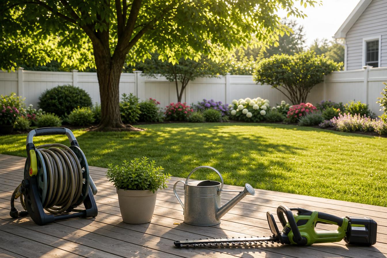 Sunlit backyard patio with garden tools, planters and a leafy tree